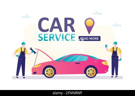 Autoreparaturservice. Modernes Auto und zwei Militärangehöriger mit Werkzeugen. Arbeiter bei der Arbeit, Fehlersuche und Reparatur. Horizontale Bannervorlage. Männlicher Charakter Stock Vektor