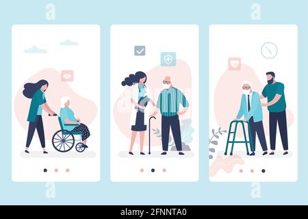 Altenpflege. Vorlage für Anwendungsseiten. Ärztliche Beratung. Ärztin und alte Menschen. Klinikraum mit Möbeln eingerichtet. Kranke ältere Menschen perso Stock Vektor