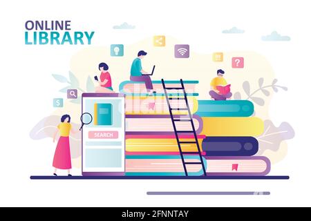 Weibliche Figur auf der Suche nach Buch auf dem Smartphone. Konzept von Online-Lernen, Webarchiv und Literatur. Cartoon Menschen lesen Bücher online. Digitale Kühl Stock Vektor