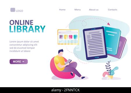 Männlicher Student, der am Stuhl sitzt und E-Book oder Tablet-pc liest. Online-Bibliothek oder Buchhandlung Landing Page Vorlage. Elektronische Bücher, Lehrbücher und E-lea Stock Vektor
