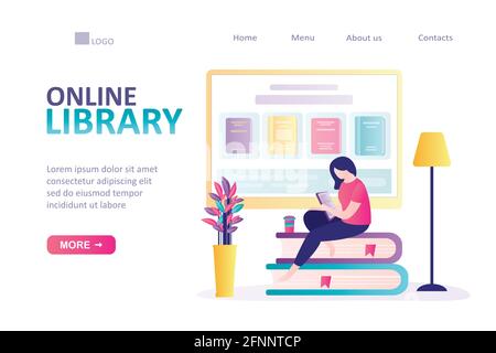 Frau sitzt und liest online auf dem Tablet-pc. Landing Page zum Thema E-Library. Konzept von elektronischen Büchern und E-Learning. Große Auswahl an Büchern Stock Vektor