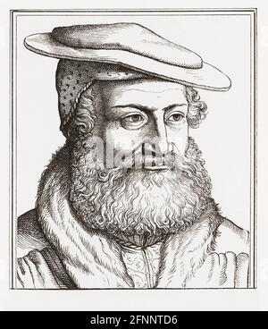 Hans Sachs, 1494 - 1576. Deutscher Meistersinger oder Meistersinger, Dichter und Dramatiker. Meistersinger waren Mitglieder einer deutschen Gilde mit festgelegten Regeln für bestimmte darstellende Künste. Nach einem Holzstich von Michael Ostendorfer. Stockfoto