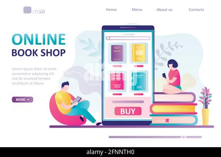 Smartphone mit verschiedenen Büchern auf dem Bildschirm. Internet-Technologie, Online-Buchhandlung Landing Page. Menschen mit intelligenten Geräten. Anwendungen zum Lesen, buyin Stock Vektor