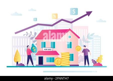 Sparkonzept. Geschäftsleute oder Investmentfonds investieren in Immobilien. Kauf von Immobilien, Kapitalerhöhung. Mieteinnahmen, Hauskredit, Hypothekenschuldverpfändung Stock Vektor