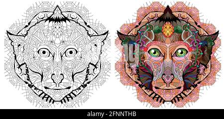 Kopf des Affen mit Mandala zentangle gestylt für T-Shirt-Design, Tattoo und andere Dekorationen. Farb- und Umrissset Stock Vektor