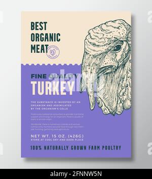 Bird Portrait Organic Meat Abstract Vector Packaging Design oder Label Template. Geflügelbanner Aus Eigener Landwirtschaft. Moderne Typografie und handgezeichneter Putenkopf Stock Vektor