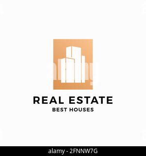 Immobilien Abstraktes Vektorzeichen, Symbol oder Logo-Vorlage. Wolkenkratzer in einem quadratischen Rahmen mit moderner Typografie. Isoliert Stock Vektor