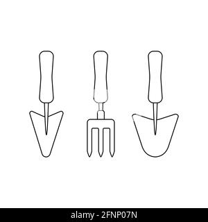 Gartengeräte Satz von Handgabel und Kellen skizzieren einfache minimalistische Flache Vektorgrafik auf weißem Hintergrund isoliert Stock Vektor
