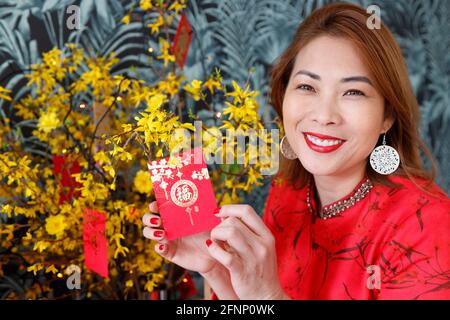 Asiatische Frau mit roten Umschlägen ( hongbao ) auf gelbem Baum für chinesisches und vietnamesisches Neujahr. Rote Farbe ist ein Symbol von Viel Glück. Frankreich. Stockfoto