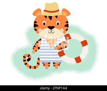 Niedlicher Tiger. Lustige Figur am Strand, die einen Sonnenhut, einen gestreiften Badeanzug und eine Rettungsboje in einer Pfote auf einem smaragdgrünen Hintergrund trägt. Vektorgrafik Stock Vektor