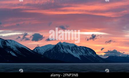 Atemberaubender Sonnenuntergang über schneebedeckten Berggipfeln im Norden Kanadas im Frühling mit violetten, pfirsichfarbenen und rosafarbenen Farben in natürlicher, wilder Umgebung. Stockfoto