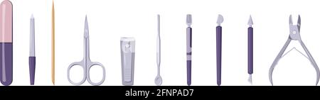 Ein Set von Werkzeugen für Maniküre und Pediküre. Symbole für Scheren, Pinzetten und Nagelfeilen. Elemente für den Schönheitssalon und die Hand- und Fingerpflege zu Hause Stock Vektor