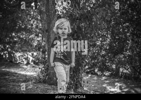 Kleiner Junge mit blonden Haaren, der in einem schattigen Park spielt Im Sommer Stockfoto