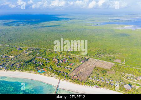 Luftaufnahme von Palmen am Sandstrand des Indischen Ozean am sonnigen Tag. Sommerurlaub in Sansibar, Afrika. Tropische Landschaft mit Palmen, weiße sa Stockfoto