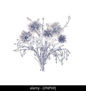 Bouquet von wilden Blumen im Vintage-Stil. Blumen aus Flachs handbemalt in Retro-Farben. Vektordarstellung im Skizzenstil isoliert auf weißem Hintergrund Stock Vektor