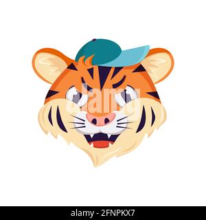 Niedlicher Tiger-Charakter, Gesicht mit wütenden Emotionen. Wilde Tiere Afrikas, mürrischer Cartoon-Fang in einer Mütze Stock Vektor