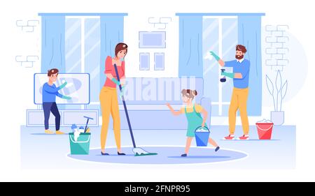 Wohnung Cartoon Familie Charaktere Reinigung Haus, Vektor Illustration Konzept Stock Vektor