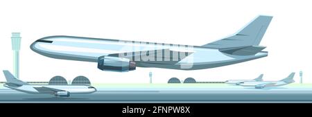 Das Flugzeug hebt ab. Passagier- und Frachtflugzeuge am Flughafen. Sommerlandschaft. Außenansicht. Startbahn. Türme und Hangars. Isoliert auf Weiß Stock Vektor