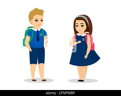 Schuljunge und Schulmädchen stehen in blauer Uniform. Nette Cartoon lächelnd männlich und weiblich Schulkind mit Schultasche. Schulkind Junge und glücklich Schüler Mädchen. Klassenkameraden zurück zur Schule Vektor eps Illustration Stock Vektor