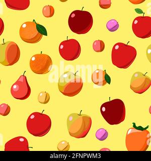 Die beliebtesten roten und gelben Früchte sind Obstbäume. Nahtloses Hintergrundbild. Flacher Cartoon-Stil. Äpfel, Birnen, Pflaumen, Bananen, Orangen, Zitronen Stock Vektor