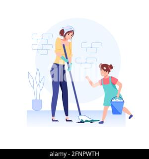 Wohnung Cartoon Familie Charaktere Reinigung Haus, Vektor Illustration Konzept Stock Vektor