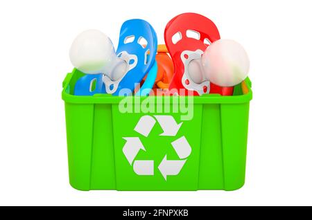Recycling-Papierkorb mit Babyschnuller, 3D-Rendering isoliert auf weißem Hintergrund Stockfoto