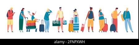 Touristenschlange. Männer und Frauen, die am Check-in-Terminal am Flughafen und an der Rezeption Schlange stehen. Reisende mit Koffern, Taschen Vektor-Illustration. Passagiere mit Gepäck oder Gepäck Stock Vektor