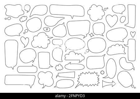 Sprechblase. Leere komische Denk- und Sprechballons. Handgezeichnete Doodle-Textblasen. Niedliche leere Cartoon Dialog Ballon Vektor-Set. Rahmen und Rahmen unterschiedlicher Form für die Kommunikation Stock Vektor