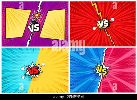 Versus. Cartoon Comic vs Herausforderung Hintergründe mit Blitz, Halbton-Textur. Comics Pop Art Stil Kampf oder Wettbewerb Hintergrund Vektor-Set. Superhelden Kampf Intro für Spiel, Buch Stock Vektor