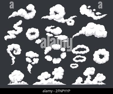 Komischer Rauch. Wirbelnde Wolken, Windstoß, Dampf, Smog, Staub, Nebel. Rauchen Dämpfe, Feuer raucht Explosion Explosion Wolke Effekt Cartoon Vektor-Set. Rauchspuren, Zigarettenringe und Wirbel Stock Vektor