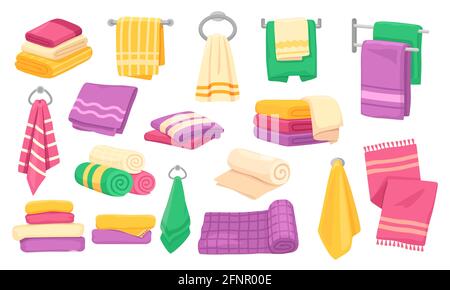 Handtuch. Cartoon Bad gerollte Handtuch Stapel, gefaltet gestapelte Handtücher, hängende Küche Mikrofaser Kleidung. Badezimmer Baumwolle Stoff Handtuch Vektor-Set. Hygiene- und Reinigungszubehör, Komfort Stock Vektor