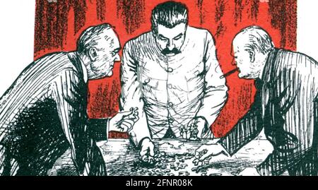 DER EUROPÄISCHE HOTCH-POCH-Cartoon in Punch von E.H. Shepard zeigt Roosevelt, Stalin und Churchill von links auf der Jalta-Konferenz im Februar 1945