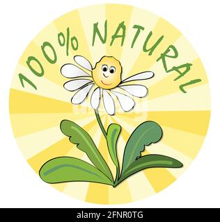 Label für 100 Prozent Naturprodukt aus ökologischer Umwelt mit Lustige Blume mit Gesicht Stock Vektor