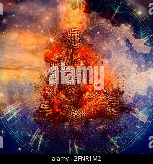 Flammende Meditation. Mann in Lotushaltung. 3D-Rendering. Stockfoto