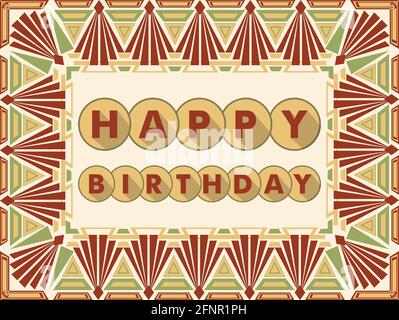 Happy Birthday Hintergrund im Art Deco-Design, gedeckte Farben, Rahmen aus einfach geometrischen Formen zusammengesetzt Stock Vektor