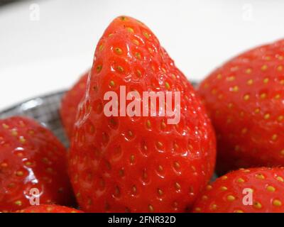 Nahaufnahme einer Schüssel mit glänzenden Erdbeeren Stockfoto
