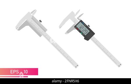 Messinstrumente, manuelle und digitale Messschieber. Realistisches Design. Auf weißem Hintergrund. Werkzeuge für den Spezialisten. Flacher Vektor Stock Vektor