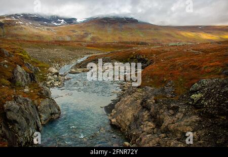 Sonnenaufgang an einem der Bäche, die im September den Kungsleden Trail überqueren, in der Nähe von Alesjaure, Schwedisch Lappland. Stockfoto