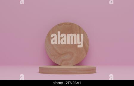 3D Rendern. Abstrakte minimale Szene mit geometrischen. Holzpodium auf rosa Hintergrund. Sockel oder Plattform für Display, Produktpräsentation, Mock-up, Stockfoto