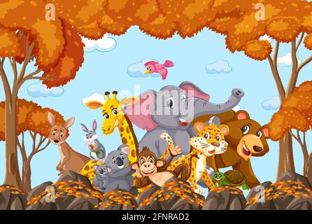 Wilde Tiere gruppieren sich in der Herbstwaldszene Illustration Stock Vektor