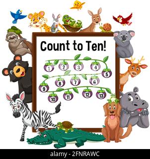 Zählen Sie bis zu zehn Brett mit wilden Tieren Illustration Stock Vektor