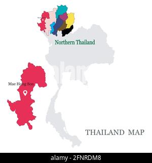 Karten von Nord-Thailand mit 9 Provinzen in verschiedenen Farben, Chiang Mai, Chiang rai, Phrae, Phayao, Lampang, Lamphun, Uttaradit, Nan und Pin auf Maeh Stock Vektor