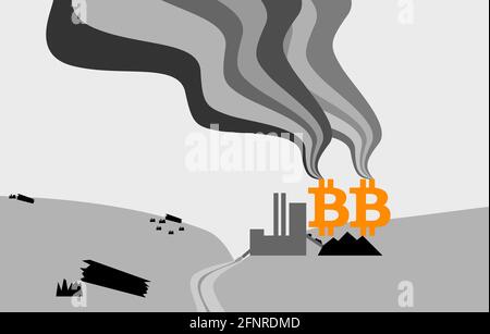 Kraftwerk mit Bitcoin-Kühltürmen, Abbildung, Bitcoin-Bergbau mit fossilen Brennstoffen, was zu einer Zunahme der CO2-Verschmutzung führt Stockfoto