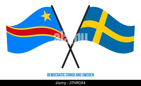 Demokratische Republik Kongo und Schweden Flaggen gekreuzt & winken Flat Style. Offizieller Anteil. Korrigieren Sie Die Farben. Stockfoto