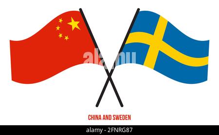 China und Schweden Flaggen gekreuzt und winken Flat Style. Offizieller Anteil. Korrigieren Sie Die Farben. Stockfoto