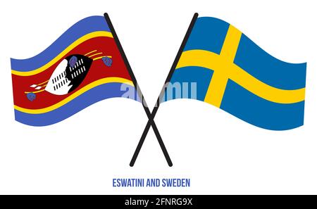 Eswatini und Schweden Flaggen gekreuzt und winken Flat Style. Offizieller Anteil. Korrigieren Sie Die Farben. Stockfoto