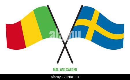 Mali und Schweden Flaggen gekreuzt und winkend Flat Style. Offizieller Anteil. Korrigieren Sie Die Farben. Stockfoto