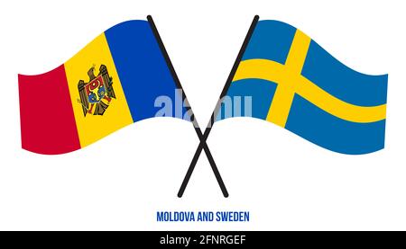 Moldawien und Schweden Flaggen gekreuzt und winken Flat Style. Offizieller Anteil. Korrigieren Sie Die Farben. Stockfoto