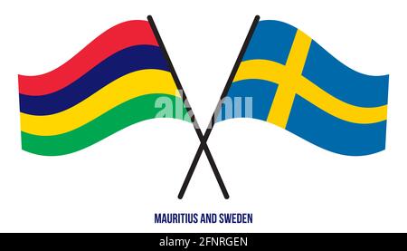 Mauritius und Schweden Flaggen gekreuzt und winkend Flat Style. Offizieller Anteil. Korrigieren Sie Die Farben. Stockfoto