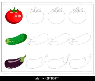 Spiel für Kinder skizzieren, üben Handschrift, Gemüse Tomaten, Gurke, Auberginen. vektor isoliert auf einem weißen Hintergrund Stock Vektor